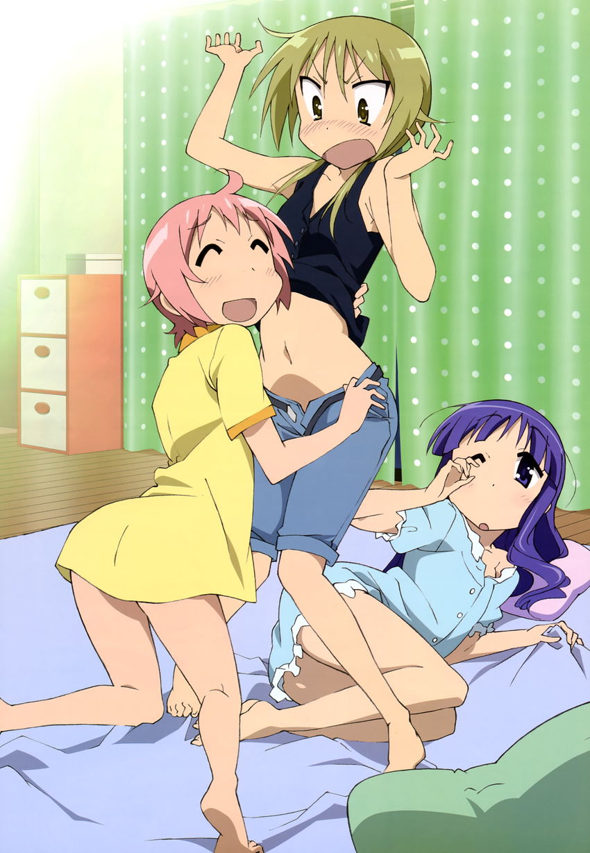 :d :o ;o ^_^ absurdres bare_legs barefoot blonde_hair blue_eyes blue_hair blush closed_eyes feet futon highres hinata_yukari ichii_yui legs lying midriff multiple_girls nonohara_yuzuko nyantype official_art on_side one_eye_closed open_mouth pajamas pink_hair shorts sleepy smile yellow_eyes yuri yuyushiki