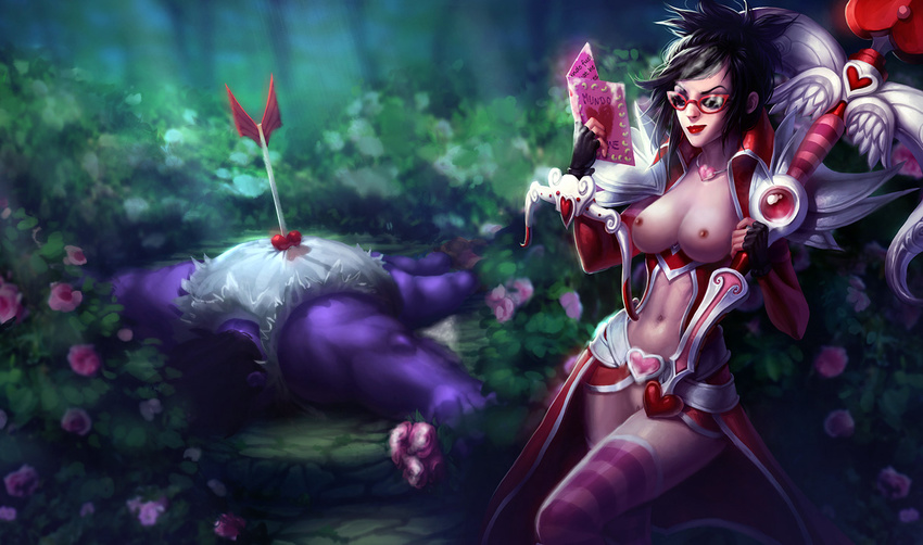 1boy 1girl alternate_costume alternate_hairstyle alternate_skin_color archery arrow blach_hair black_hair bow_(weapon) breasts card crossbow fingerless_gloves flower garden glasses gloves heart highres holding holding_card league_of_legends lipstick makeup midriff mundo navel nipples nude_filter photoshop purple_skin pussy reading shauna_vayne short_hair standing striped striped_legwear thighhighs topless uncensored vayne weapon wide_hips zettai_ryouiki