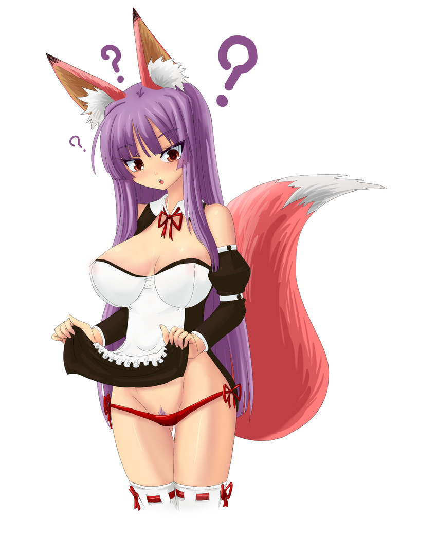 1girl ? animal_ears blush breasts enoko_(zqfebi) highres large_breasts open_mouth original pubic_hair purple_hair red_eyes simple_background solo tail white_background