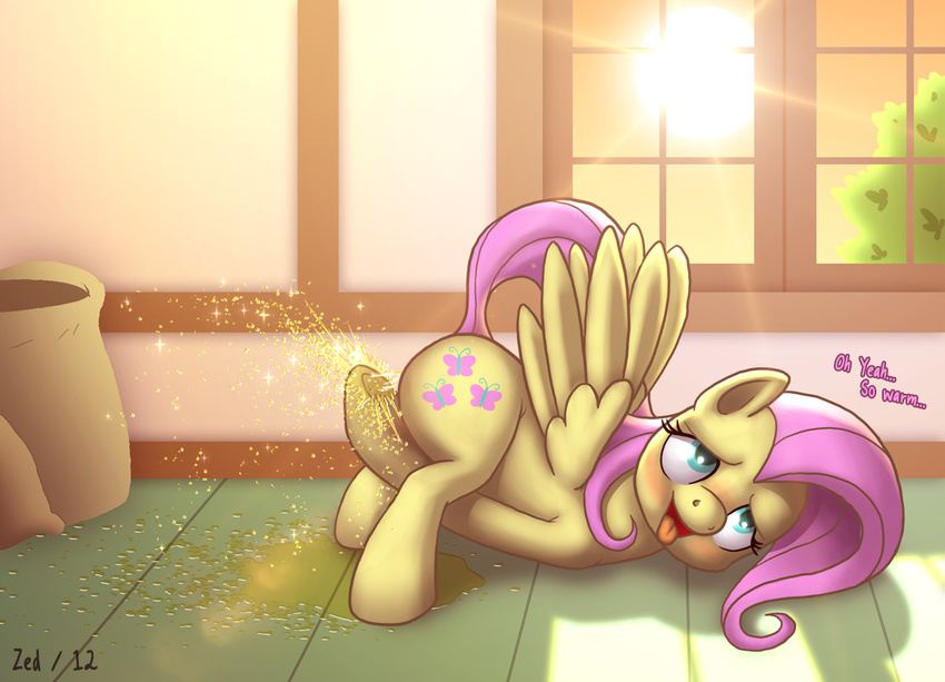 cutie_mark equine female feral fluttershy_(mlp) friendship_is_magic hair horse mammal my_little_pony nude open_mouth peeing pegasus pony solo text tongue urine watersports wings zed001