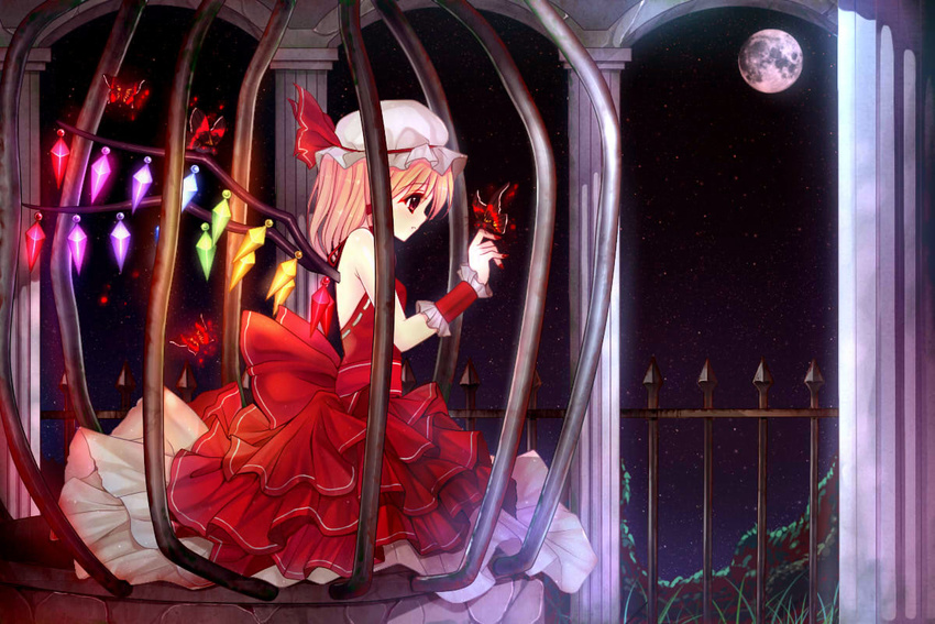 arch backless_dress backless_outfit bad_id bad_pixiv_id bai_kongque blonde_hair bug butterfly cage dress embellished_costume fence fingernails flandre_scarlet full_moon hat hat_ribbon insect mob_cap moon nail_polish night night_sky pillar profile red_eyes ribbon short_hair sky solo touhou wings wrist_cuffs