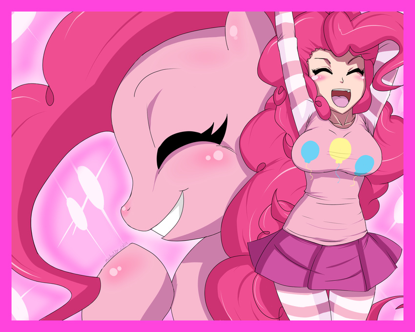 clothed clothing equine eyes_closed female feral friendship_is_magic hair horse human humanized mammal my_little_pony navel ninja-8004 pinkie_pie_(mlp) pony purple_eyes smile
