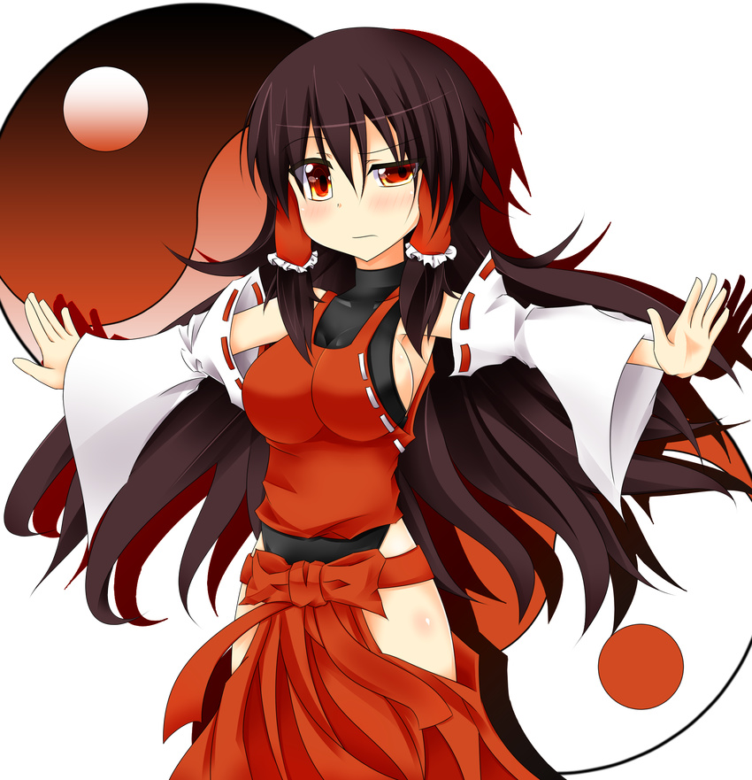 blush breasts brown_hair detached_sleeves hair_tubes hakama highres japanese_clothes large_breasts leotard long_hair m.u.g.e.n nontraditional_miko original outstretched_arms raised_eyebrow red_eyes red_hakama sendai_hakurei_no_miko sideboob solo touhou transparent_background us2s yin_yang