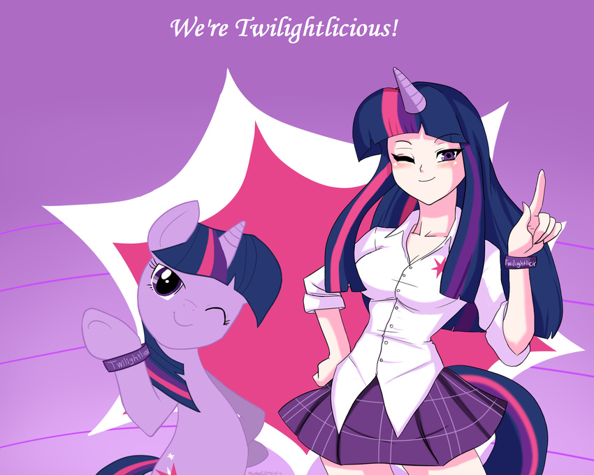 bracelet breasts clothed clothing cutie_mark duo equine female feral friendship_is_magic hair hi_res horn horse human humanized jewelry looking_at_viewer mammal multi-colored_hair my_little_pony ninja-8004 one_eye_closed pony purple_eyes purple_hair shirt skirt smile standing twilight_sparkle_(mlp) unicorn wink