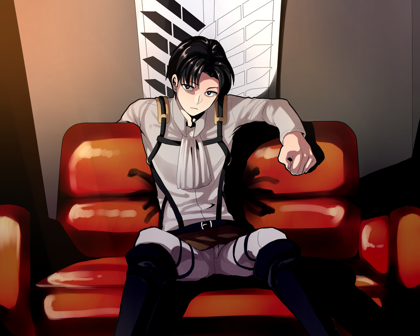 ascot bad_id bad_pixiv_id belt black_eyes black_hair boots couch emblem highres ichico levi_(shingeki_no_kyojin) male_focus shingeki_no_kyojin sitting solo survey_corps_(emblem) thigh_strap three-dimensional_maneuver_gear wire