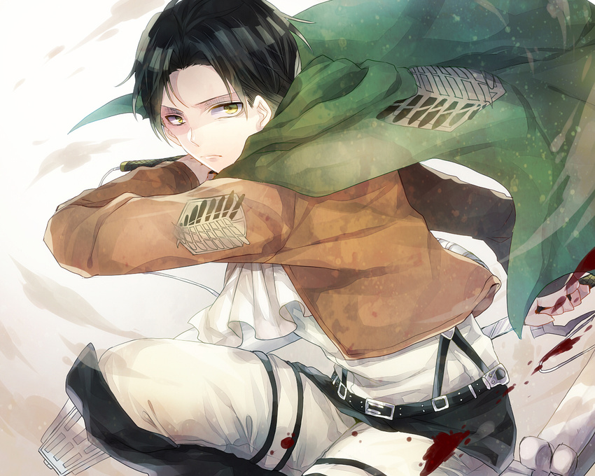 ascot bad_id bad_pixiv_id belt black_hair blood cape emblem green_eyes jacket levi_(shingeki_no_kyojin) male_focus paradis_military_uniform shingeki_no_kyojin solo survey_corps_(emblem) thigh_strap three-dimensional_maneuver_gear toa_(sarara23)