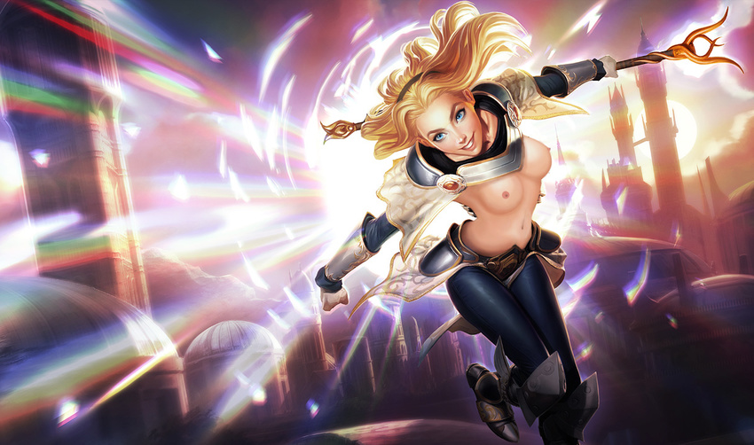 blonde_hair blue_eyes breasts league_of_legends long_hair lux luxanna_crownguard nipples nude_filter photoshop smile staff topless