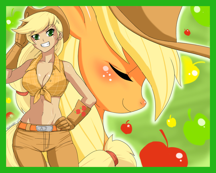 applejack_(mlp) clothed clothing cowboy_hat duo equine eyes_closed female feral friendship_is_magic hair hat horse human humanized mammal my_little_pony navel ninja-8004 pony smile