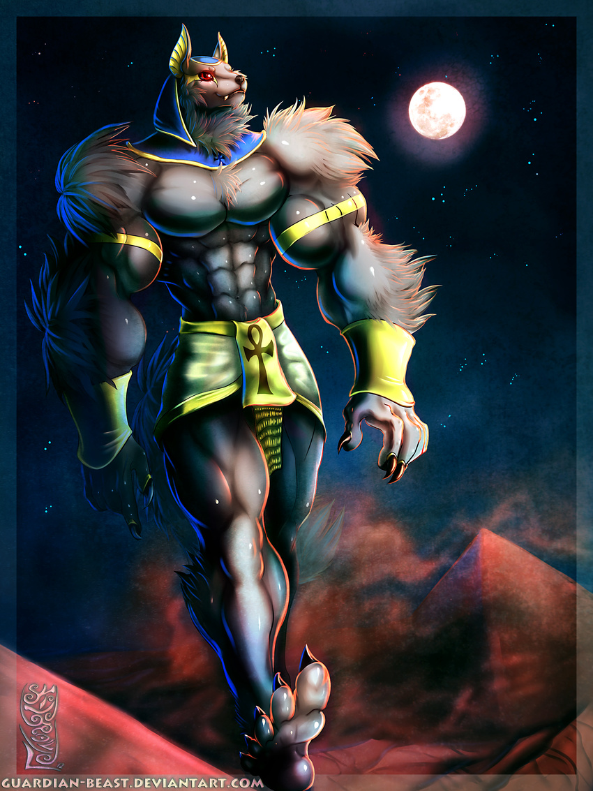 anthro anubian_jackal anubite black_fur canine claws deity desert egyptian fangs fur gold growth guardian-beast hi_res jackal male mammal moon muscles night pyramid red_eyes sand sky solo stars walking wolf