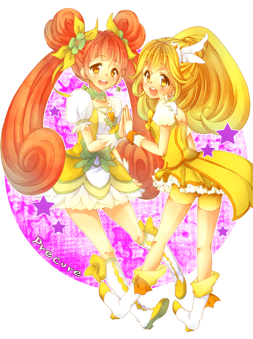 bare_legs bike_shorts blonde_hair blush boots bow brown_eyes brown_hair choker color_connection copyright_name cure_peace cure_rosetta dokidoki!_precure double_bun flower full_body green_choker hair_flaps hair_flower hair_ornament hair_ribbon hands_together highres kise_yayoi knee_boots long_hair magical_girl multiple_girls precure purple_background ribbon shorts shorts_under_skirt skirt smile smile_precure! star starry_background totogami_toto twintails yellow_eyes yellow_shorts yellow_skirt yotsuba_alice
