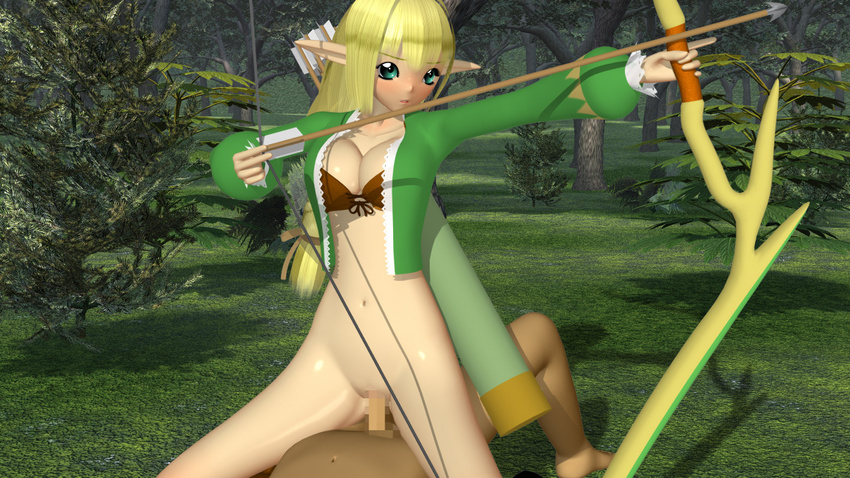 3d blonde_hair blush bow_(weapon) elf girl_on_top green_eyes holylance long_hair original penis pointy_ears sex weapon
