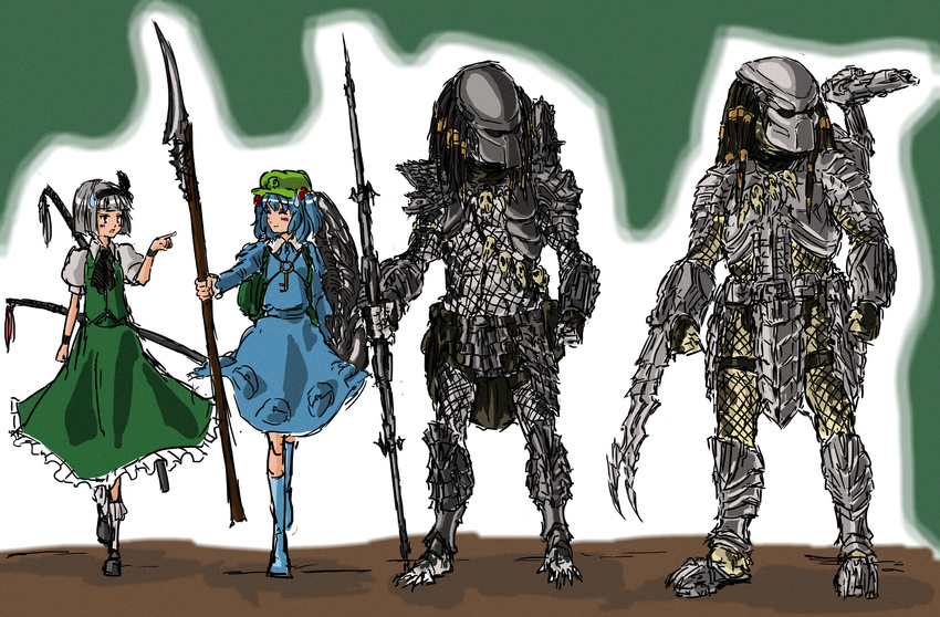 alien aliens arm_blade armor blue_hair combistick dress gauntlets hairlocs hat helmet highres kawashiro_nitori konpaku_youmu multiple_girls nameo_(judgemasterkou) pauldrons polearm predator predator_(movie) shoes shoulder_cannon silver_hair simple_background skirt skull smile spear sweatdrop sword touhou two_side_up weapon xenomorph