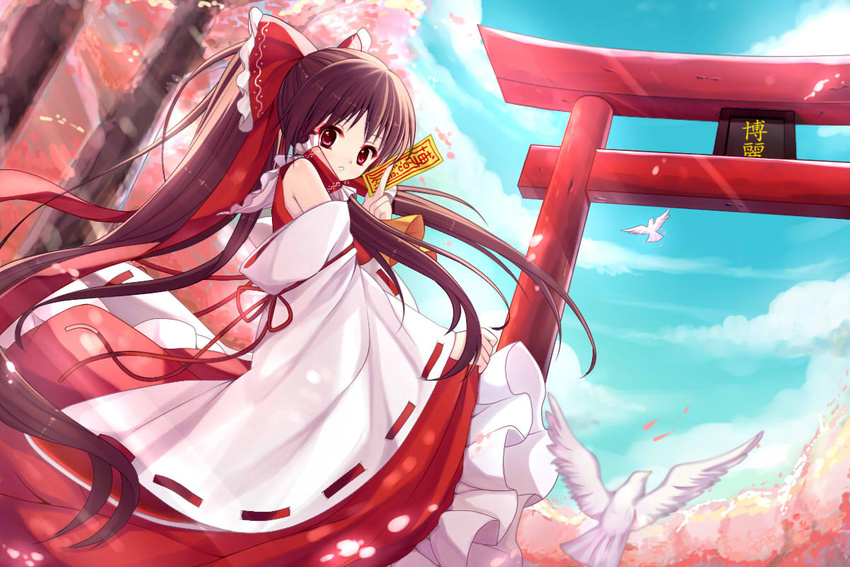 ascot bad_id bad_pixiv_id bai_kongque bird blue_sky bow brown_hair cherry_blossoms cloud day detached_sleeves dove hair_bow hair_tubes hakurei_reimu long_hair looking_at_viewer ofuda outdoors ponytail red_eyes skirt skirt_hold skirt_set sky solo torii touhou tree very_long_hair