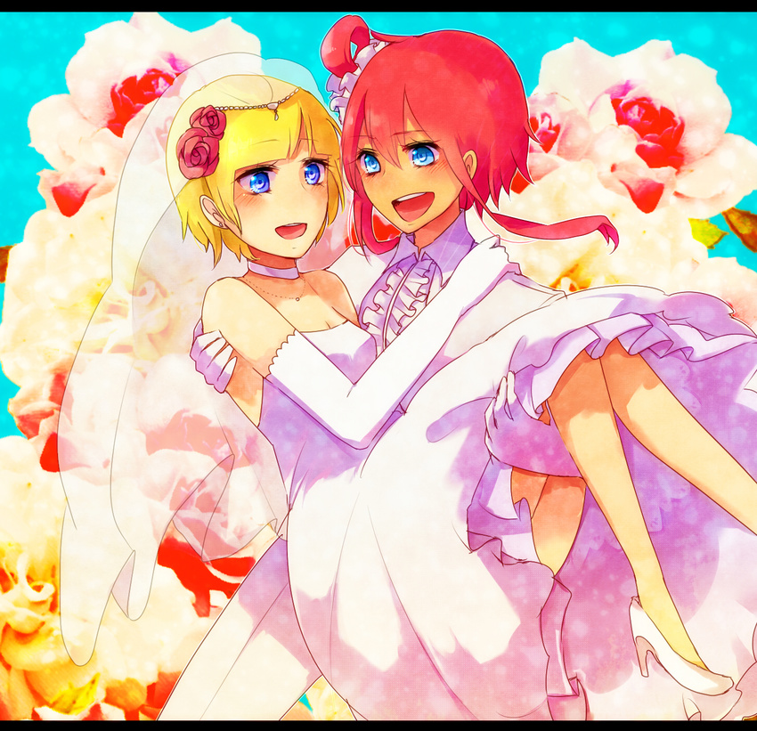 2girls blonde_hair blue_eyes carrying dress fuuro_(pokemon) gym_leader high_heels highres kamitsure_(pokemon) lgw7 married multiple_girls nintendo open_mouth pokemon princess_carry red_hair shoes short_hair smile wedding wedding_dress yuri