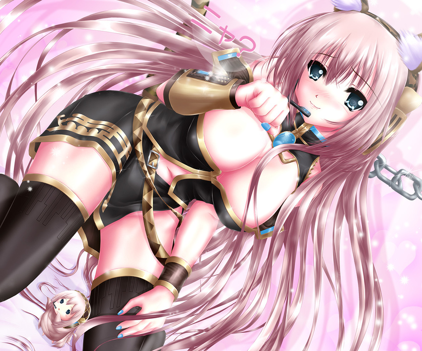 :3 animal_ears blue_eyes blush breasts cat_ears cat_tail cleavage large_breasts long_hair megurine_luka nail_polish nohoho_(kakikonchi) nyan paw_pose pink_hair smile solo tail thighhighs vocaloid