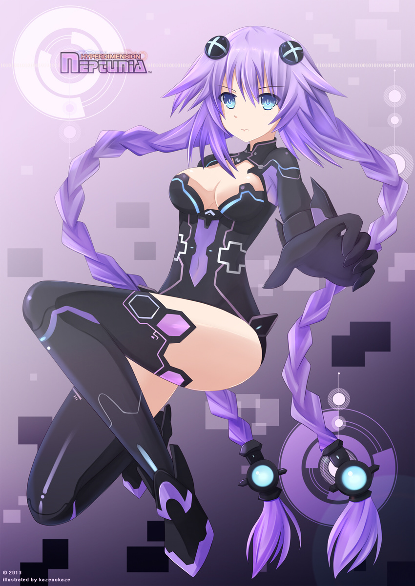 artist_name bangs binary black_legwear blue_eyes braid breasts cleavage cleavage_cutout copyright_name covered_navel dated emblem flipped_hair foreshortening from_side full_body gloves gradient gradient_background hair_between_eyes hair_ornament highres kazenokaze large_breasts leotard logo long_hair magical_girl neptune_(series) outstretched_arm power_symbol purple_hair purple_heart serious solo squatting symbol-shaped_pupils thighhighs turtleneck twin_braids very_long_hair