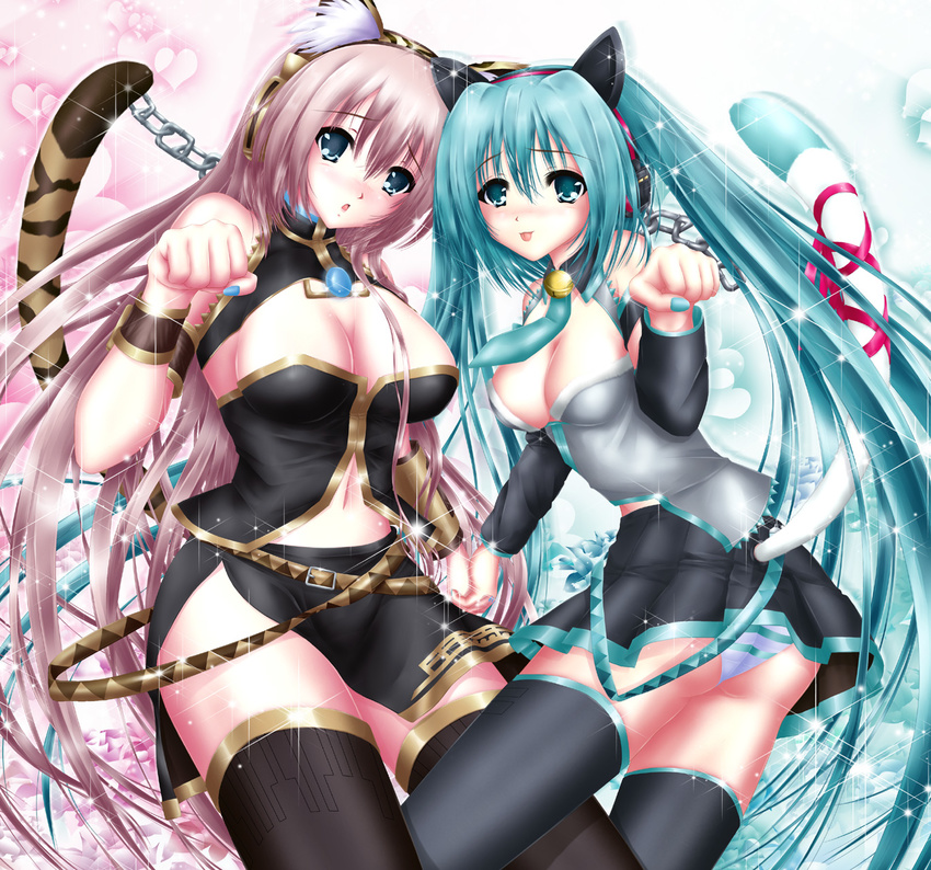 :p animal_ears aqua_eyes aqua_hair blue_eyes blush breasts cat_ear_headphones cat_ears cat_tail chain cleavage hatsune_miku headphones highres holding_hands large_breasts long_hair medium_breasts megurine_luka multiple_girls nail_polish navel nohoho_(kakikonchi) panties paw_pose pink_hair striped striped_panties tail thighhighs tongue tongue_out twintails underwear very_long_hair vocaloid