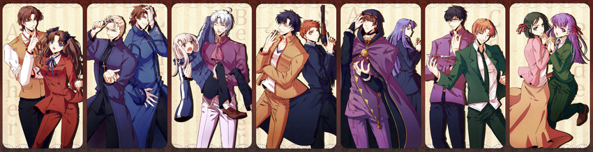 6+boys absurdres beard black_hair blazer blonde_hair blue_eyes brown_hair cape carrying caster caster_(cosplay) choker cigarette closed_eyes comb cosplay costume_switch cross dress emiya_kiritsugu emiya_kiritsugu_(cosplay) emiya_shirou facial_hair fate/stay_night fate/zero fate_(series) formal glasses gloves green_eyes gun hair_ribbon handgun highres holding_hands homurahara_academy_uniform hood illyasviel_von_einzbern illyasviel_von_einzbern_(cosplay) jacket jewelry kayneth_el-melloi_archibald kayneth_el-melloi_archibald_(cosplay) kotomine_kirei kotomine_kirei_(cosplay) kuzuki_souichirou kuzuki_souichirou_(cosplay) long_image matou_kariya matou_kariya_(cosplay) matou_sakura matou_sakura_(cosplay) multiple_boys multiple_girls necklace one_eye_closed open_mouth orange_hair pistol pointy_ears princess_carry purple_eyes purple_hair ribbon school_uniform short_hair sleeves_past_wrists smile smoking suit toosaka_rin toosaka_rin_(cosplay) toosaka_tokiomi toosaka_tokiomi_(cosplay) twintails uryuu_ryuunosuke uryuu_ryuunosuke_(cosplay) waver_velvet waver_velvet_(cosplay) weapon white_gloves white_hair wide_image yellow_eyes yukihime_(mofumofu2225)