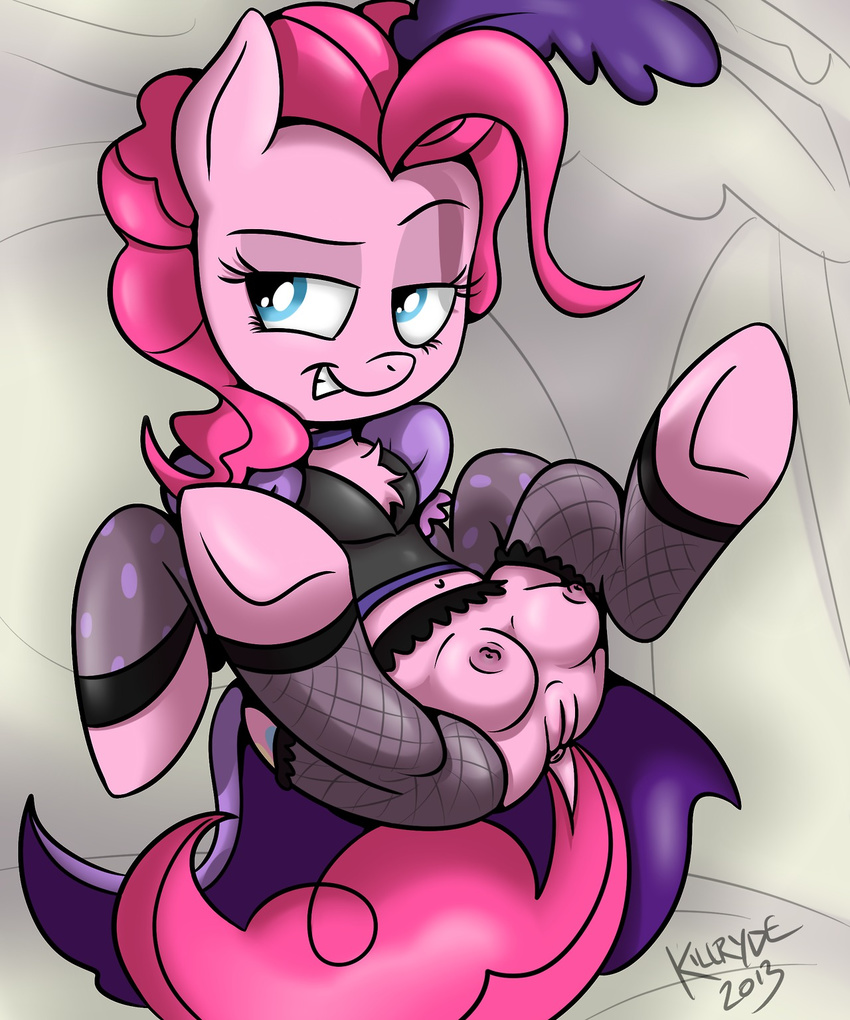 anus blue_eyes butt cutie_mark english_text equine female feral friendship_is_magic fur hair horse killryde legwear looking_at_viewer mammal my_little_pony pink_fur pink_hair pinkie_pie_(mlp) pony pussy signature simple_background smile solo stockings teats text