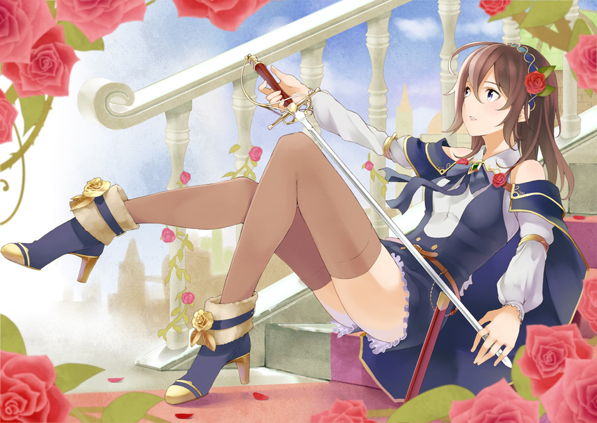 bare_shoulders blue_eyes boots brown_hair day detached_sleeves dress fantasy_earth_zero flower hairband high_heel_boots high_heels legs long_hair looking_away parted_lips plant prussiana retsuna shoes sitting solo stairs sword thighhighs vines weapon