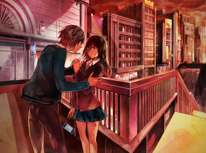 1girl black_hair brown_eyes brown_hair couple grabbing hetero highres long_hair original short_hair smile tcb tears