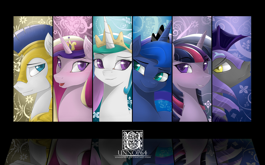 absurd_res blue_eyes blue_hair blush crown english_text equine female feral friendship_is_magic fur grey_fur hair hi_res horn horse long_hair looking_at_viewer mammal multi-colored_hair my_little_pony open_mouth pink_fur pony princess princess_cadance_(mlp) princess_celestia_(mlp) princess_luna_(mlp) purple_eyes royal_guard_(mlp) royalty short_hair smile text thestral tongue twilight_sparkle_(mlp) unnop64 white_fur winged_unicorn wings yellow_eyes