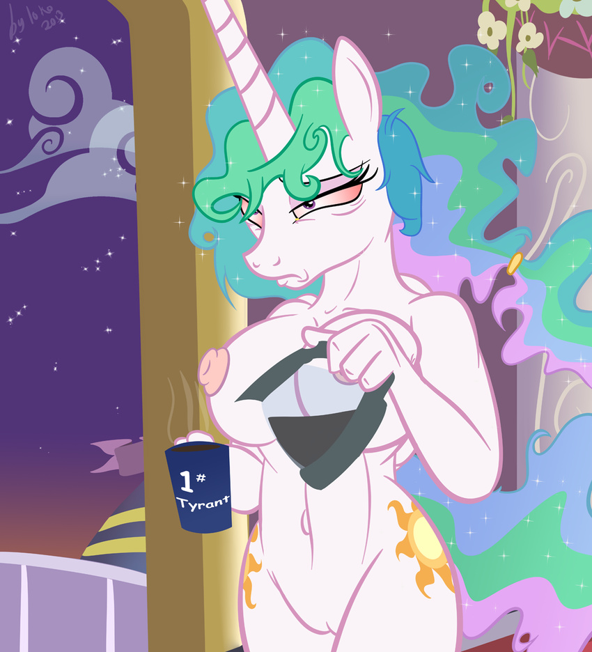 2013 anthro big_breasts breasts coffee cup cutie_mark edit el-loko equine erect_nipples eye_booger female friendship_is_magic hair horn multi-colored_hair my_little_pony nipples nude princess princess_celestia_(mlp) pussy royalty sleepy solo tired winged_unicorn wings