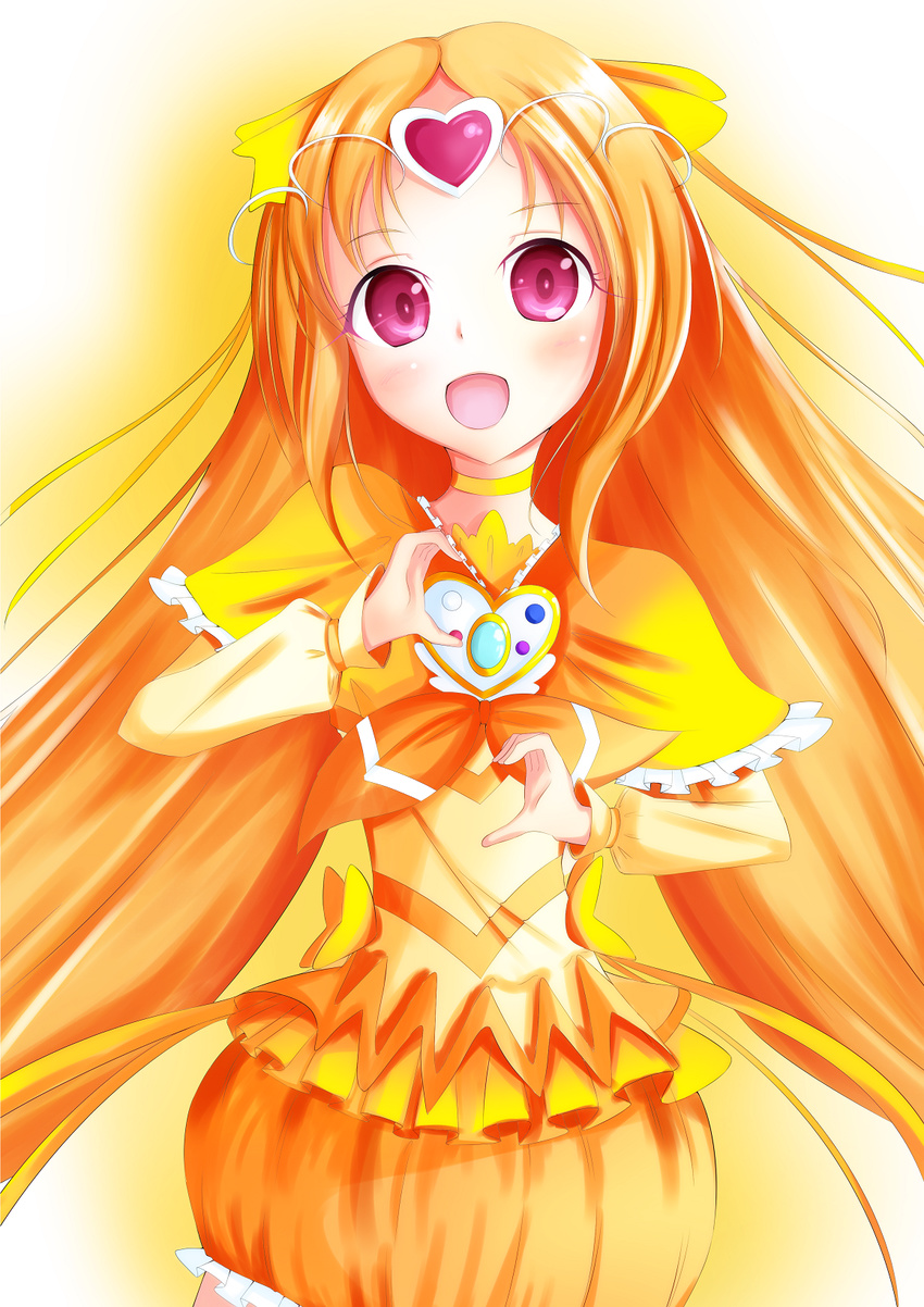 boots bow brooch bubble_skirt choker circlet cure_muse_(yellow) frills hair_ribbon heart highres jewelry long_hair magical_girl open_mouth orange_hair pink_eyes precure ribbon shirabe_ako shiratama0426 skirt smile solo suite_precure yellow_bow yellow_choker yellow_skirt