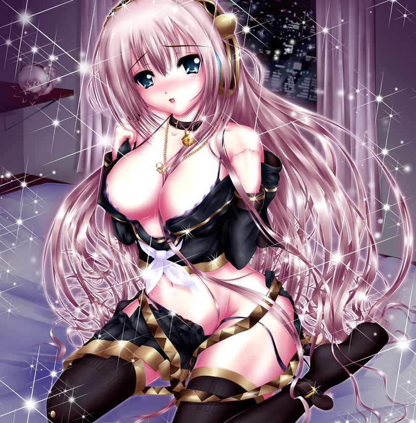 bed blue_eyes blush breasts cleavage collar highres large_breasts long_hair megurine_luka nohoho_(kakikonchi) pink_hair sitting solo sparkle tears thighhighs undressing very_long_hair vocaloid wariza
