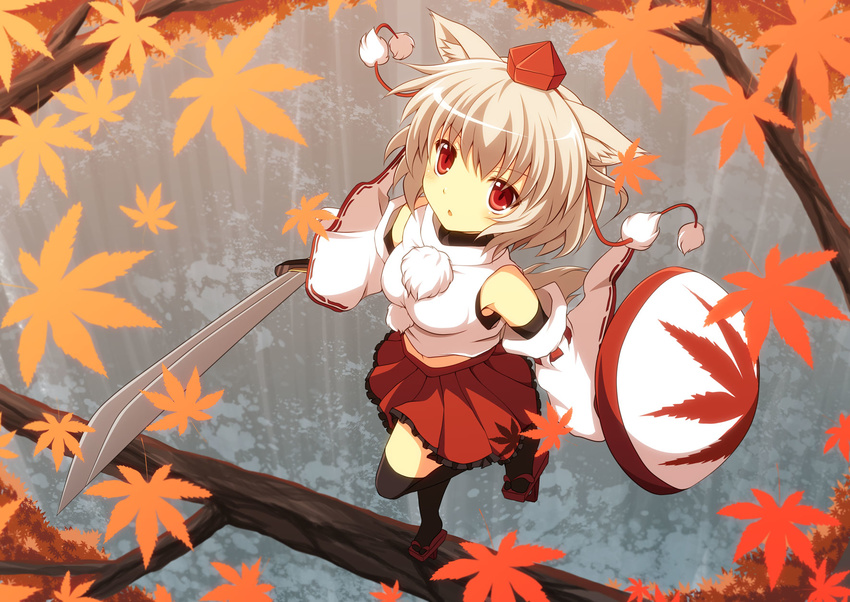 animal_ears bare_shoulders black_legwear cross_(crossryou) detached_sleeves from_above geta hat highres inubashiri_momiji parted_lips red_eyes shield short_hair silver_hair skirt solo sword tail thighhighs tokin_hat touhou tree weapon wolf_ears wolf_tail