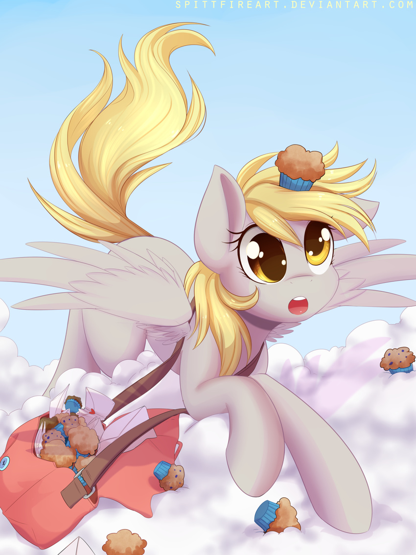 &lt;3 bag blonde_hair cloud derp_eyes derpy_hooves_(mlp) equine female feral flying food friendship_is_magic hair horse letter mail mammal muffin my_little_pony open_mouth outside pegasus pony sky solo spittfire tongue wings yellow_eyes