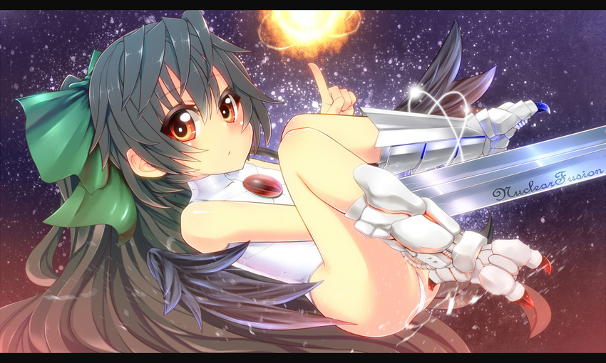 arm_cannon bad_id bad_pixiv_id black_hair blush bow english hair_bow index_finger_raised long_hair looking_at_viewer mantarou_(shiawase_no_aoi_tori) panties pantyshot red_eyes reiuji_utsuho solo star_(sky) talons touhou underwear weapon wings