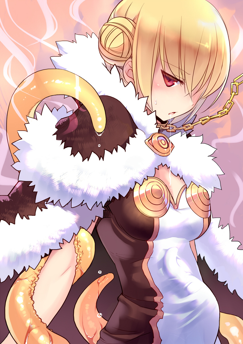 bdsm blonde_hair blush bondage bound breasts bulge cape chain collar consensual_tentacles dress dripping fireflysnow high_wizard highres katheryne_keyron leash medium_breasts open_mouth ragnarok_online red_eyes saliva short_hair slave solo tentacles tentacles_under_clothes