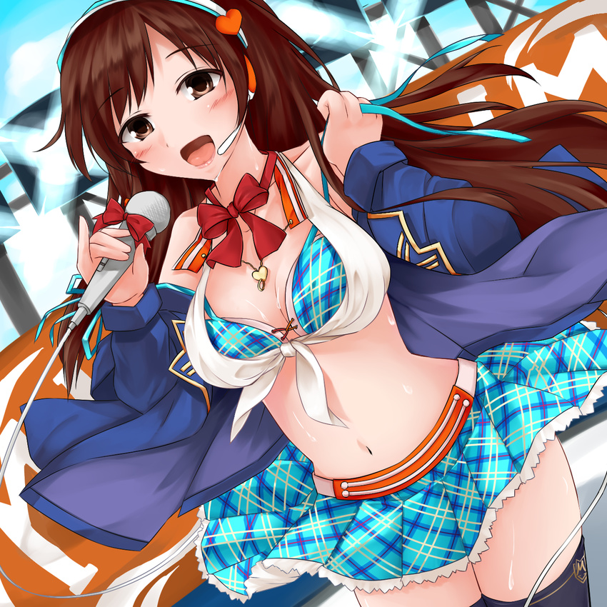blush bra breasts brown_eyes brown_hair cleavage front-tie_top headset highres idolmaster idolmaster_cinderella_girls jacket large_breasts long_hair microphone midriff minami_machi navel nitta_minami open_clothes open_mouth shiny shiny_skin shirt skirt skirt_lift smile solo sweat thighhighs tied_shirt underwear wind wind_lift
