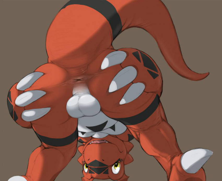 absurd_res anime anus balls bent_over black black_skin body_markings butt chubby claws close-up digimon dragon grey_background guilmon hand_on_butt happy hi_res invalid_color lizard looking_at_viewer male markings narse pecs plain_background presenting presenting_hindquarters raised_arm red_body red_skin reptile scalie shadow sharp_teeth shiny smile solo spread_legs spreading teeth tongue upside_down white white_skin yellow yellow_eyes