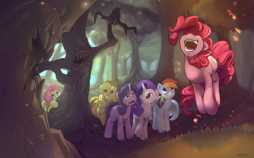 applejack_(mlp) blonde_hair blue_fur cowboy_hat cutie_mark english_text equine female feral fluttershy_(mlp) forest friendship_is_magic fur grass green_eyes hair hat hi_res horn horse jumping mammal multi-colored_hair my_little_pony nature noben open_mouth orange_fur outside pegasus pink_fur pink_hair pinkie_pie_(mlp) pony purple_eyes purple_fur purple_hair rainbow_dash_(mlp) rainbow_hair rarity_(mlp) scared singing smile text tongue tree twilight_sparkle_(mlp) two_tone_hair unicorn wallpaper white_fur wings yellow_fur