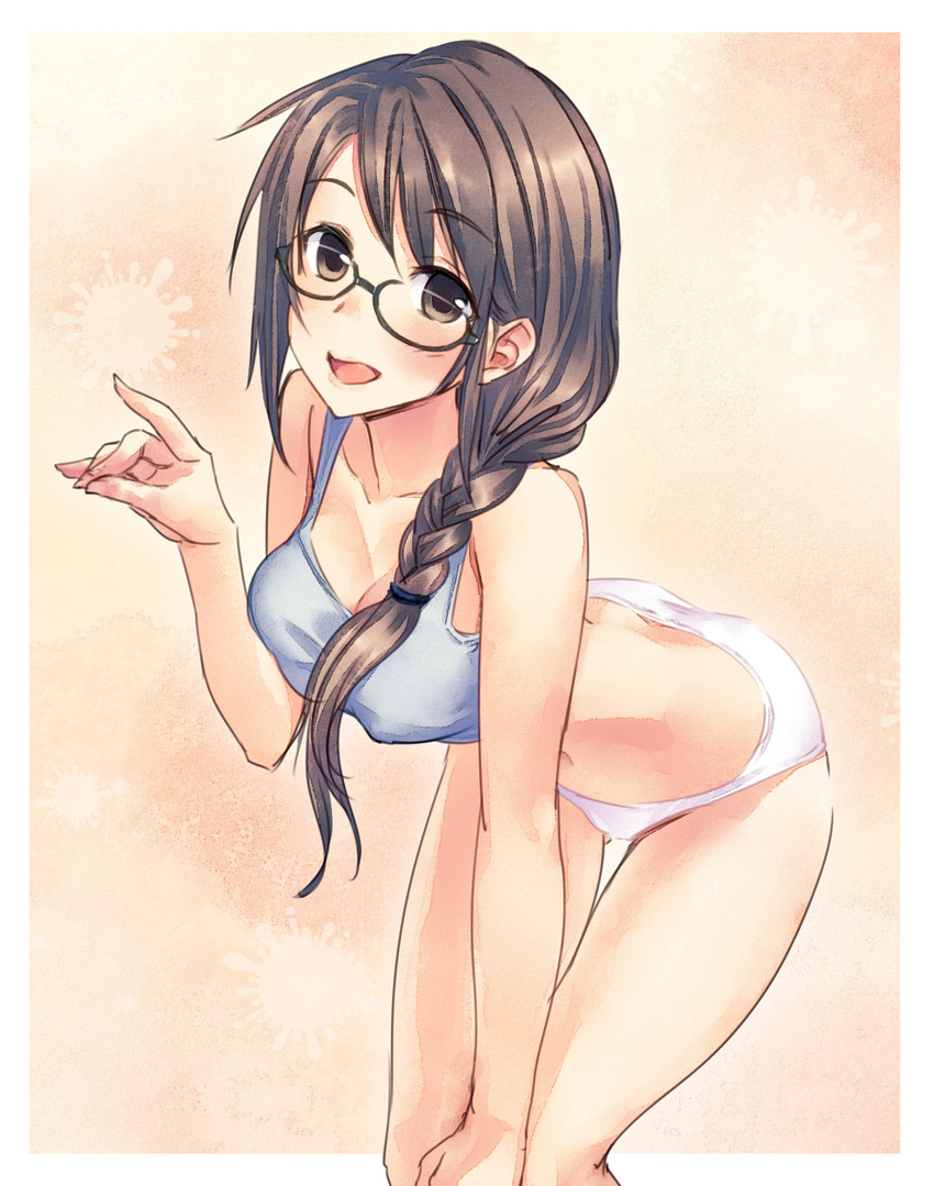 bent_over braid breasts brown_eyes brown_hair cleavage commentary_request fox_shadow_puppet glasses hair_tie hand_on_own_knee highres large_breasts long_hair open_mouth original panties side_braid smile solo sports_bra underwear underwear_only white_panties yuuki_keisuke