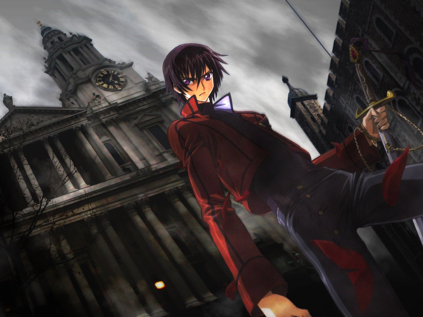 bangs black_hair building chain church clock clock_tower cloud code_geass dutch_angle hands highres holding jacket kiira lelouch_lamperouge outdoors purple_eyes reference_work sky source_request swept_bangs sword tower tree wallpaper weapon