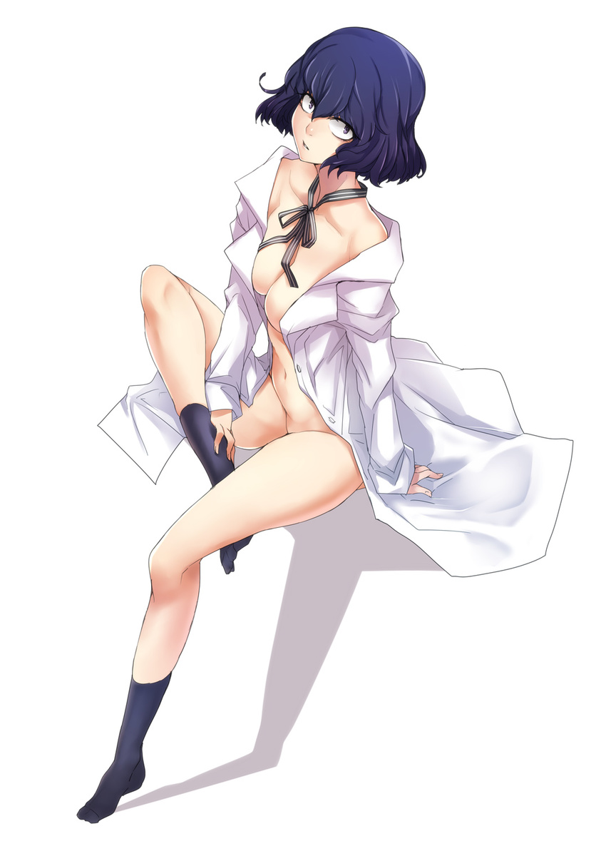 ban black_legwear blue_hair breasts constricted_pupils highres kneehighs labcoat legs_folded medium_breasts naked_labcoat navel nunotaba_shinobu parted_lips shadow short_hair simple_background solo to_aru_kagaku_no_railgun to_aru_majutsu_no_index white_background