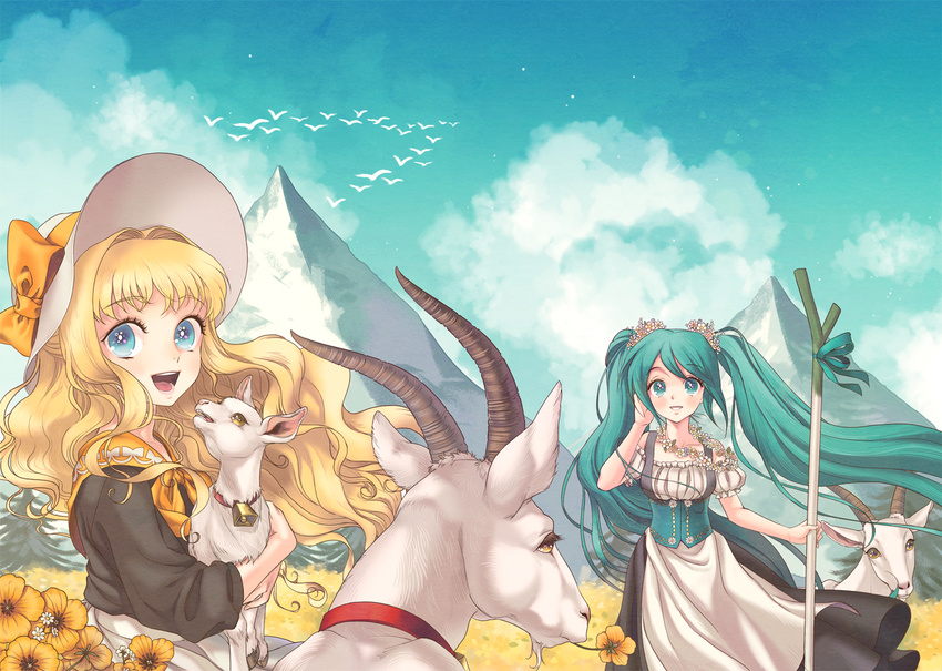 bell bell_collar bird blonde_hair cloud collar corset day dress flower goat green_eyes green_hair hat hatsune_miku long_hair mountain multiple_girls open_mouth seeu sky spring_onion tanpi twintails very_long_hair vocaloid