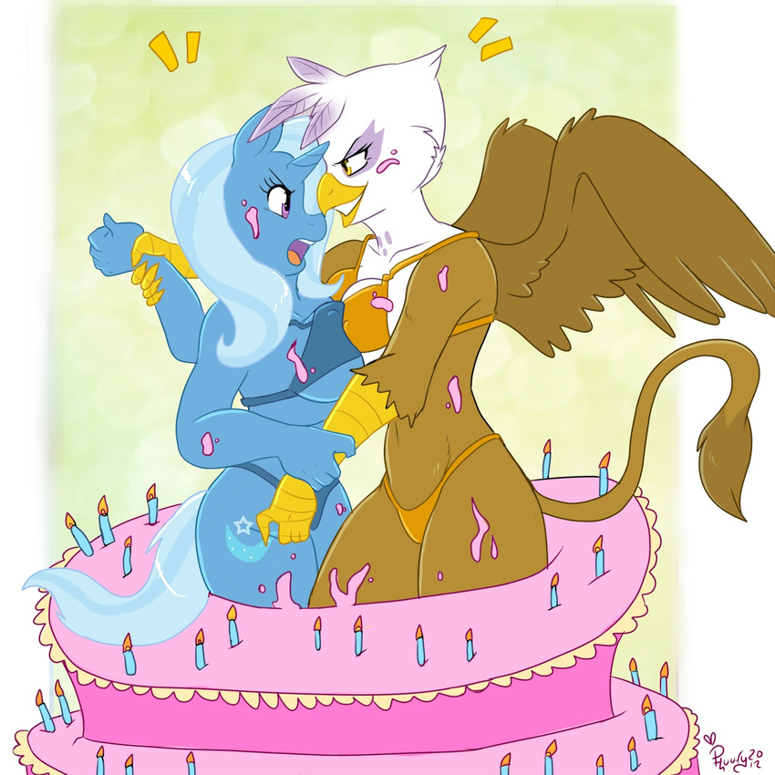 anthro anthrofied avian big_breasts bikini breast_squish breasts cake clothed clothing duo equine female food friendship_is_magic gilda_(mlp) gryphon horn mammal my_little_pony phsuke purple_eyes skimpy swimsuit tight_clothing trixie_(mlp) unicorn wings yellow_eyes