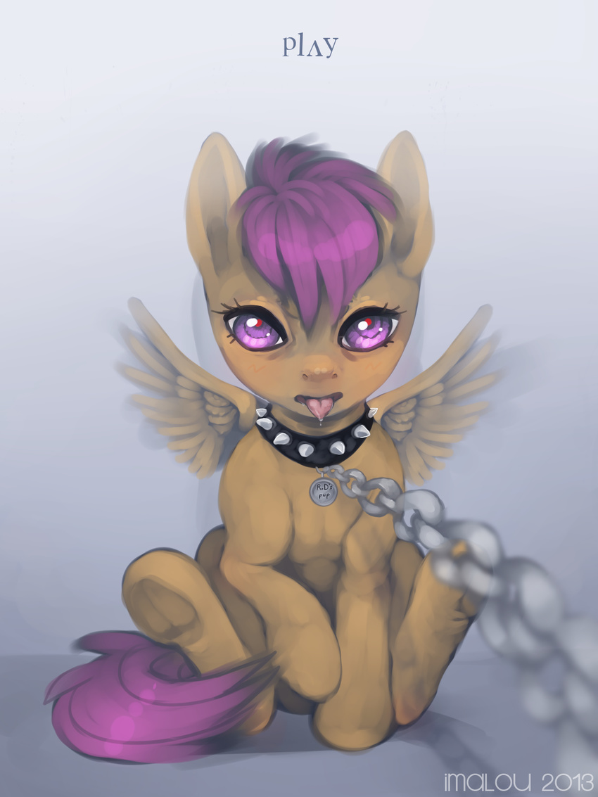 chain collar cub cute english_text equine female feral friendship_is_magic hair horse imalou leash looking_at_viewer mammal my_little_pony oddly_sexy pegasus playful pony purple_eyes purple_hair saliva scootaloo_(mlp) seductive sitting solo spiked_collar text wings womgboner young
