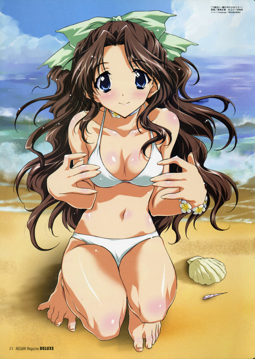 1girl absurdres barefoot beach bikini blue_eyes blush breasts brown_hair choker cleavage feet highres kadoi_aya kakyuusei_2 kurashima_tomoyasu long_hair official_art seashell shell shells shirai_yuuri solo spread_toes swimsuit toes very_long_hair