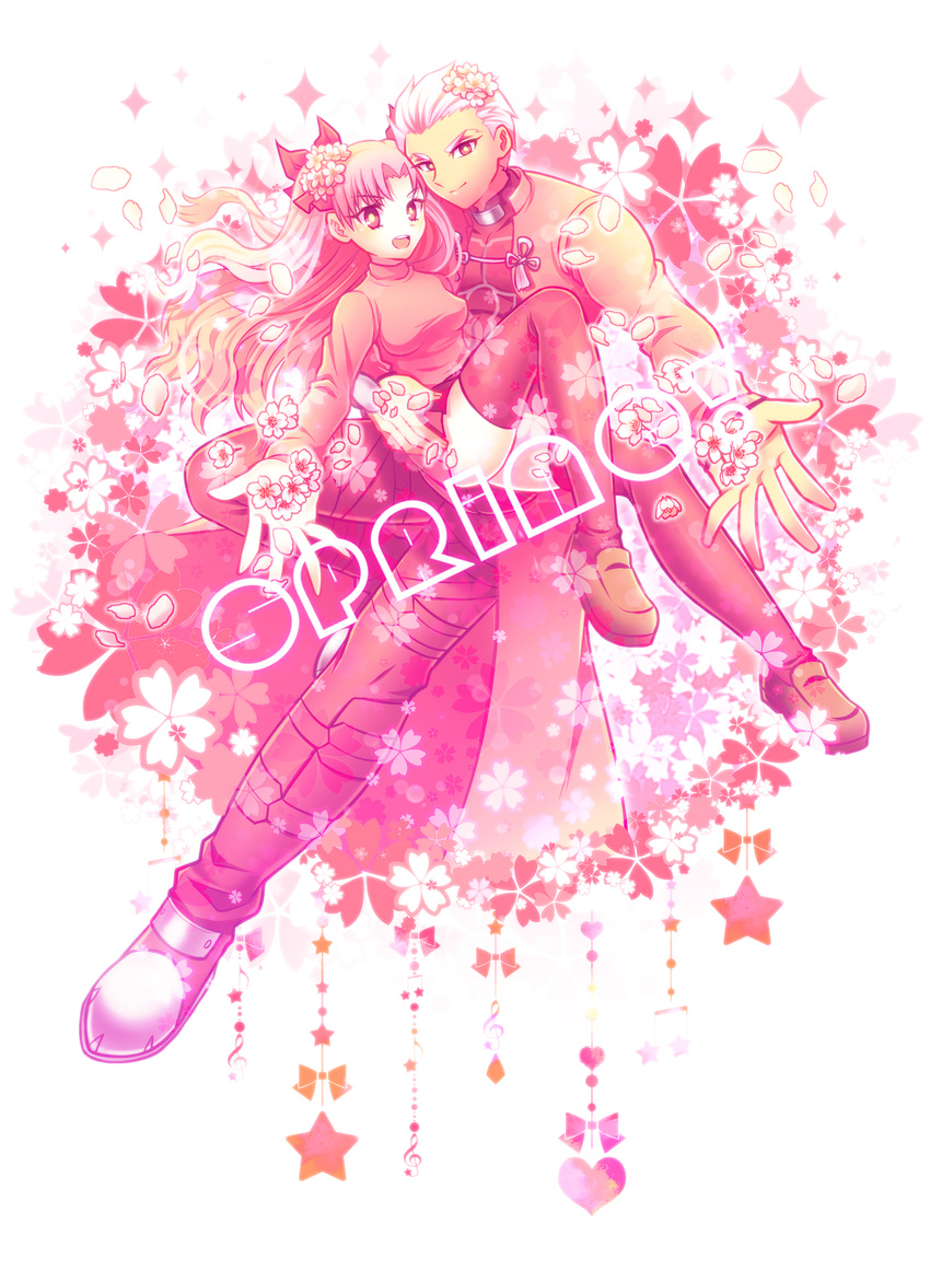 1girl absurdres archer bad_id bad_pixiv_id cherry_blossoms chiharudaaaaaaa fate/stay_night fate_(series) flower highres pink spring_(season) thighhighs toosaka_rin two_side_up