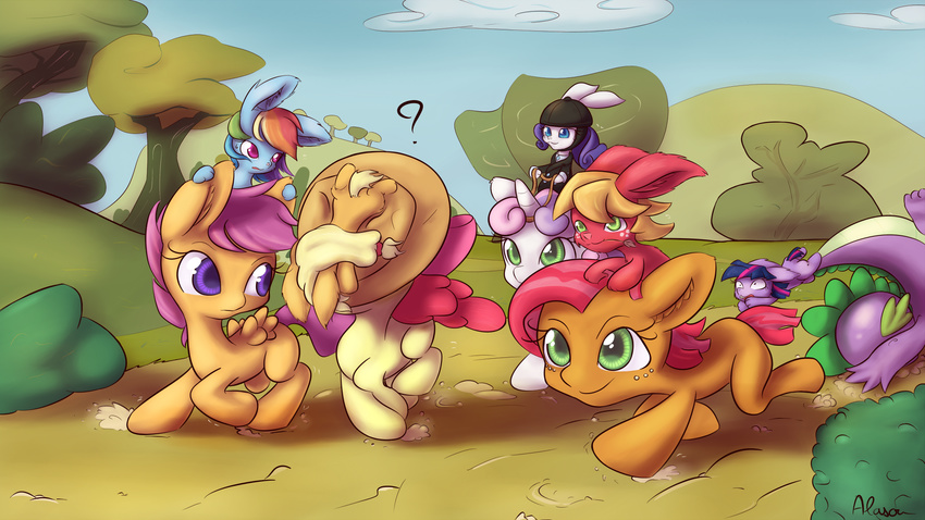 ? alasou apple_bloom_(mlp) applejack_(mlp) babs_seed_(mlp) big_macintosh_(mlp) blonde_hair blue_eyes cowboy_hat cub cutie_mark_crusaders_(mlp) dragon equine female feral freckles friendship_is_magic green_eyes group hair hat horn horse lagomorph mammal multi-colored_hair my_little_pony outside pegasus pony purple_eyes purple_hair rabbit rainbow_dash_(mlp) rarity_(mlp) red_hair running scalie scootaloo_(mlp) signature spike_(mlp) sweetie_belle_(mlp) twilight_sparkle_(mlp) two_tone_hair unicorn wings young