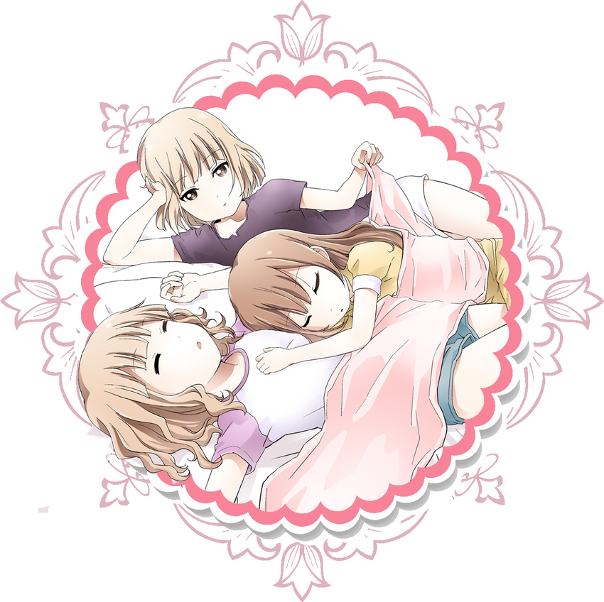 blanket blonde_hair brown_eyes brown_hair closed_eyes kamiki_uutarou lying md5_mismatch multiple_girls on_back on_side oomuro_hanako oomuro_nadeshiko oomuro_sakurako open_mouth shirt siblings sisters sleeping t-shirt yuru_yuri