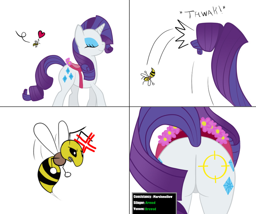 &lt;3 arthropod b.sting bee blue_eyes bsting butt cutie_mark duo english_text equine eyeshadow female feral friendship_is_magic fur hair horn horse insect makeup mammal my_little_pony pony rarity_(mlp) text unicorn white_fur