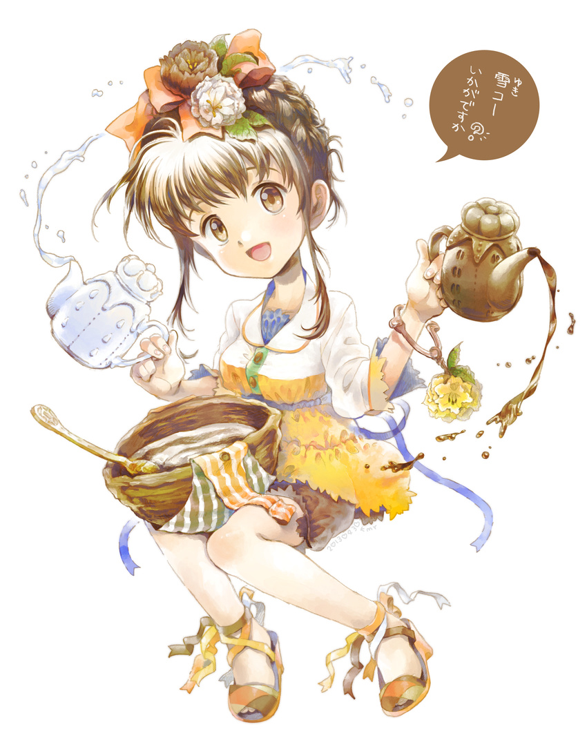 :d absurdres bad_id bad_pixiv_id bracelet braid brown_eyes brown_hair flower hair_flower hair_ornament hair_ribbon highres jewelry kettle open_mouth original ribbon sandals short_hair shorts simple_background smile solo text_focus