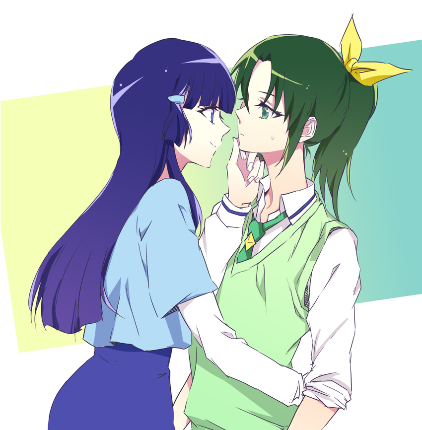 aoki_reika bad_id bad_pixiv_id blue_eyes blue_hair chin_grab eye_contact face-to-face green_eyes green_hair green_neckwear highres long_hair looking_at_another midorikawa_nao multiple_girls nanairogaoka_middle_school_uniform necktie negom ponytail precure school_uniform sleeves_rolled_up smile_precure! yuri
