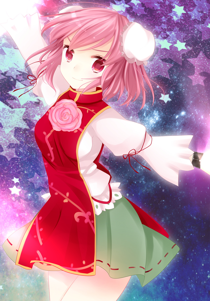 ajiriko bad_id bad_pixiv_id banned_artist blouse bracelet breasts double_bun flower highres ibaraki_kasen jewelry long_sleeves looking_at_viewer medium_breasts outstretched_arms pink_eyes pink_flower pink_hair pink_rose puffy_sleeves rose short_hair skirt sky smile solo spread_arms star star_(sky) starry_sky tabard touhou